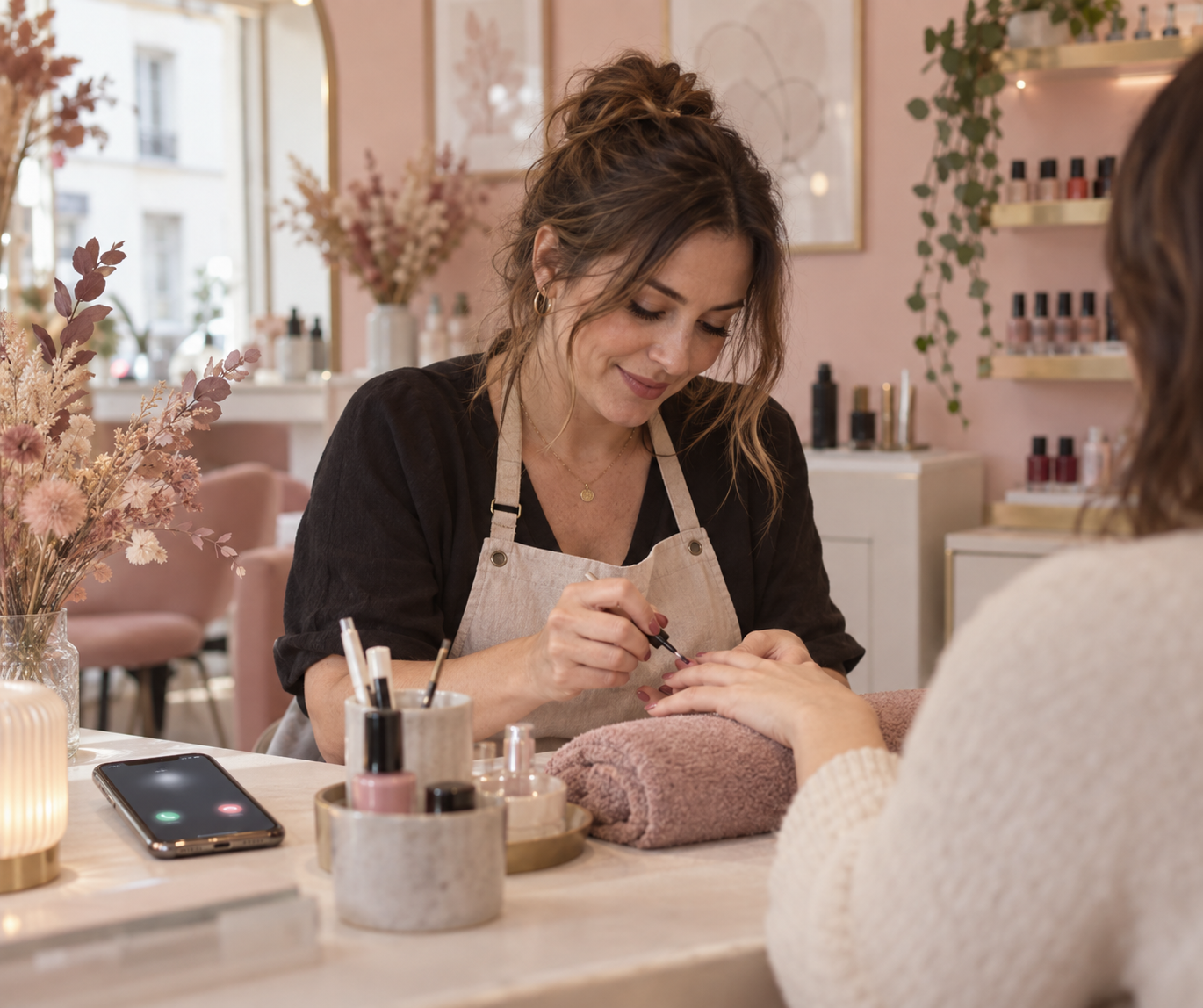 Une gérante d'institut de beauté termine une prestation pendant que son téléphone sonne sur le comptoir